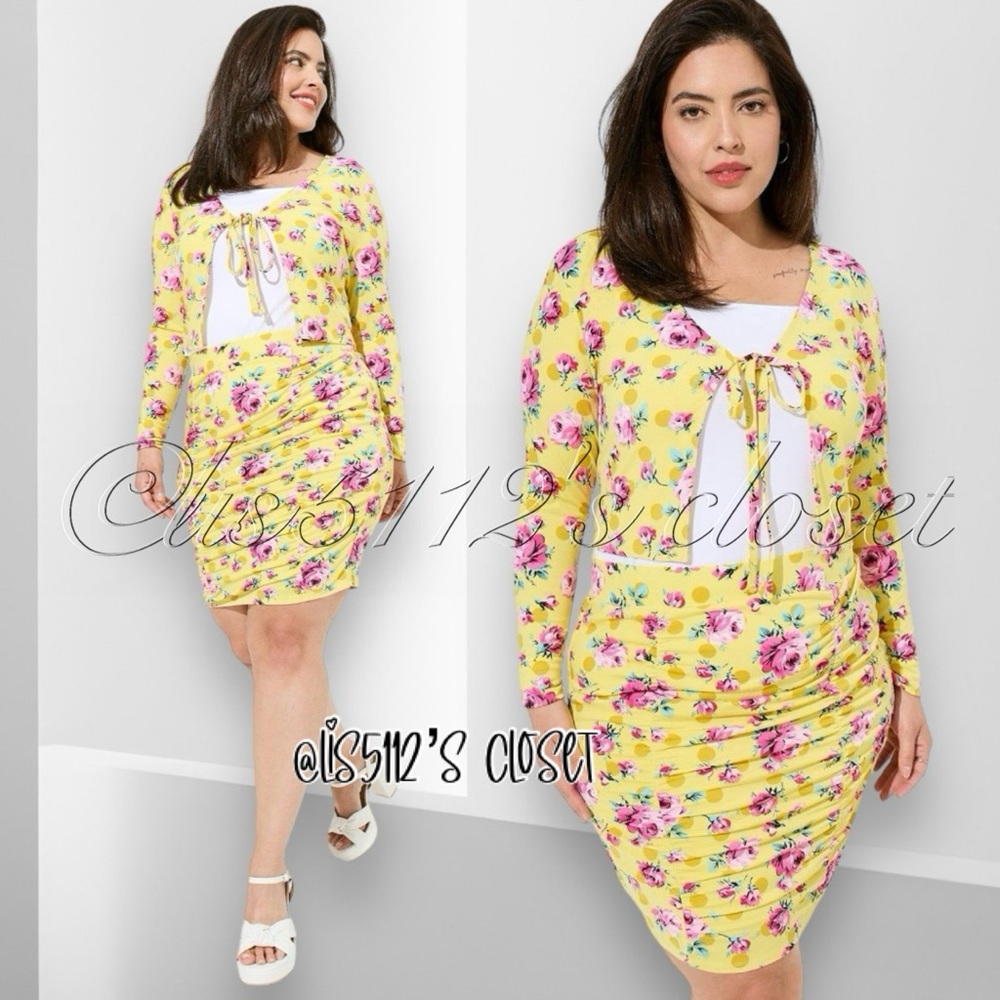 SET Torrid Betsey Johnson Yellow Rose Tie Front Crop Top & Ruched Skirt 1X 14 16 - Picture 3 of 16